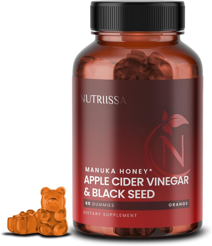 Foodsissa - Apple Cider Vinegar + Black Seed שמן + Elder ברי + Manuka Honeymies - Cold-Pressed Cumin Seed Nigella Sativa - EPEB מוסמך עבור פוריות ופוטנטיות - 60 Orange Flavored Gummies