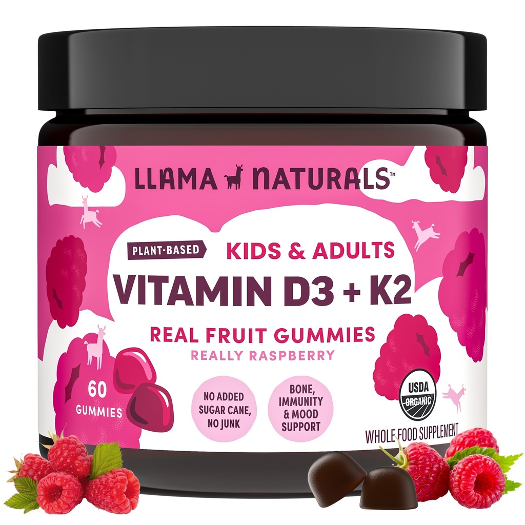Llama Naturals ויטמין D3, טבעוני, אורגני Immune תמיכה תוסף, ויטמין Dmie מסטיק למבוגרים וילדים, ממש פירות חניכיים ויטמינים, מקדם בריאות העצם, לא תוספת סוכר Cane, Raspberry, 60 Ct
