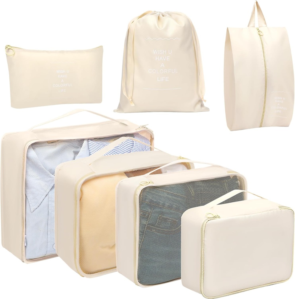 Toplive 7 Set Packing Cubes עבור נסיעות, Luggage מארגנת באגים עבור אביזרים נסיעות, Compression Packing Cubes, Beige
