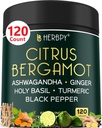 6in1 Citrus Bergamot תוסף עם אשוגנדה, בזיל הקדוש, Turmeric & ג'ינג'ר Root - הזדקנות בריאה, Immune & מרגיעה - 120 קפסולות טבעוניות