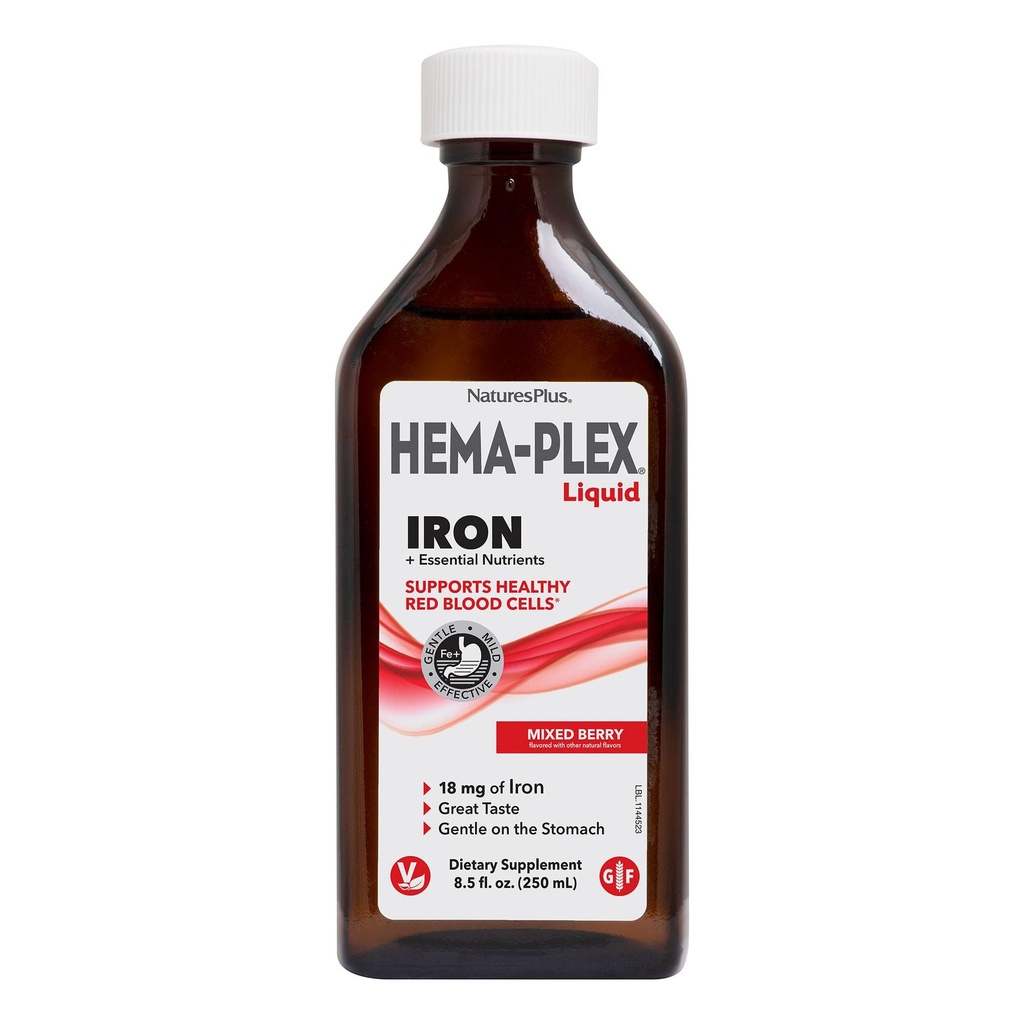 NaturesPlus Hema-Plex נוזל ברזל, מעורב ברי - 8.5 oz - Iron & Essential Materialsents - טבעוני, גלוט חינם - 25 משרתים