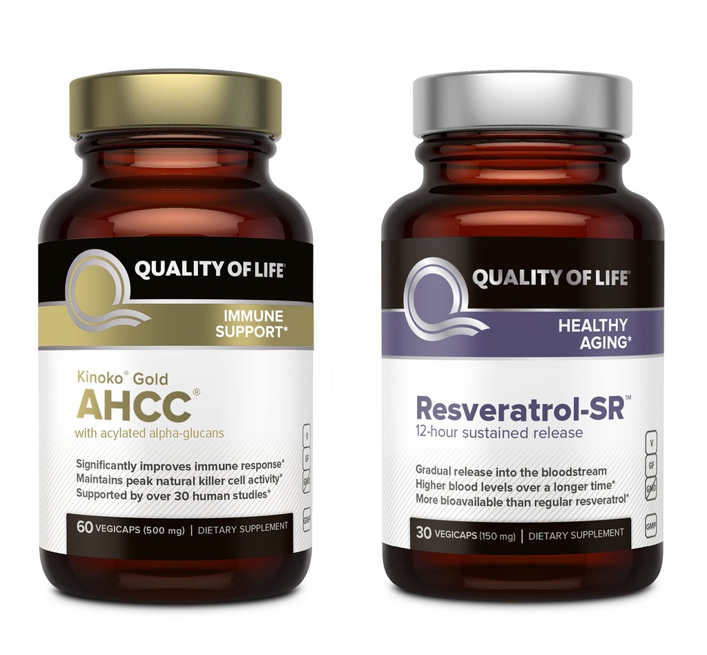 איכות החיים תכונות Kinoko Gold AHCC ו Resveratrol SR Sustained לשחרר פורמולה - Immune, Aging Bundle
