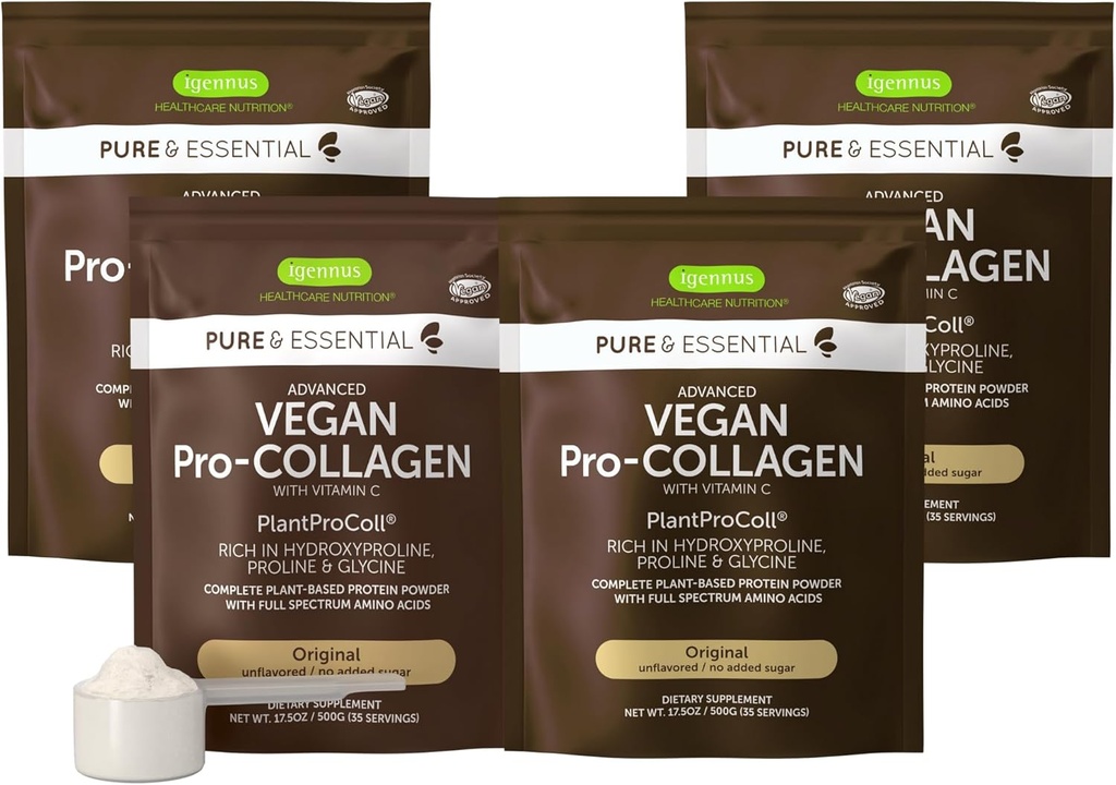 Igennus Vegan Collagen Peptide אבקת, משופרת עם אבקת Glycine, Proline & hydroxyproline & Cofactor ויטמין C, Non GMO, שלם צמח צמחוני מבוסס קולג'ן אבקת Booster, 4 x 35 משרתות