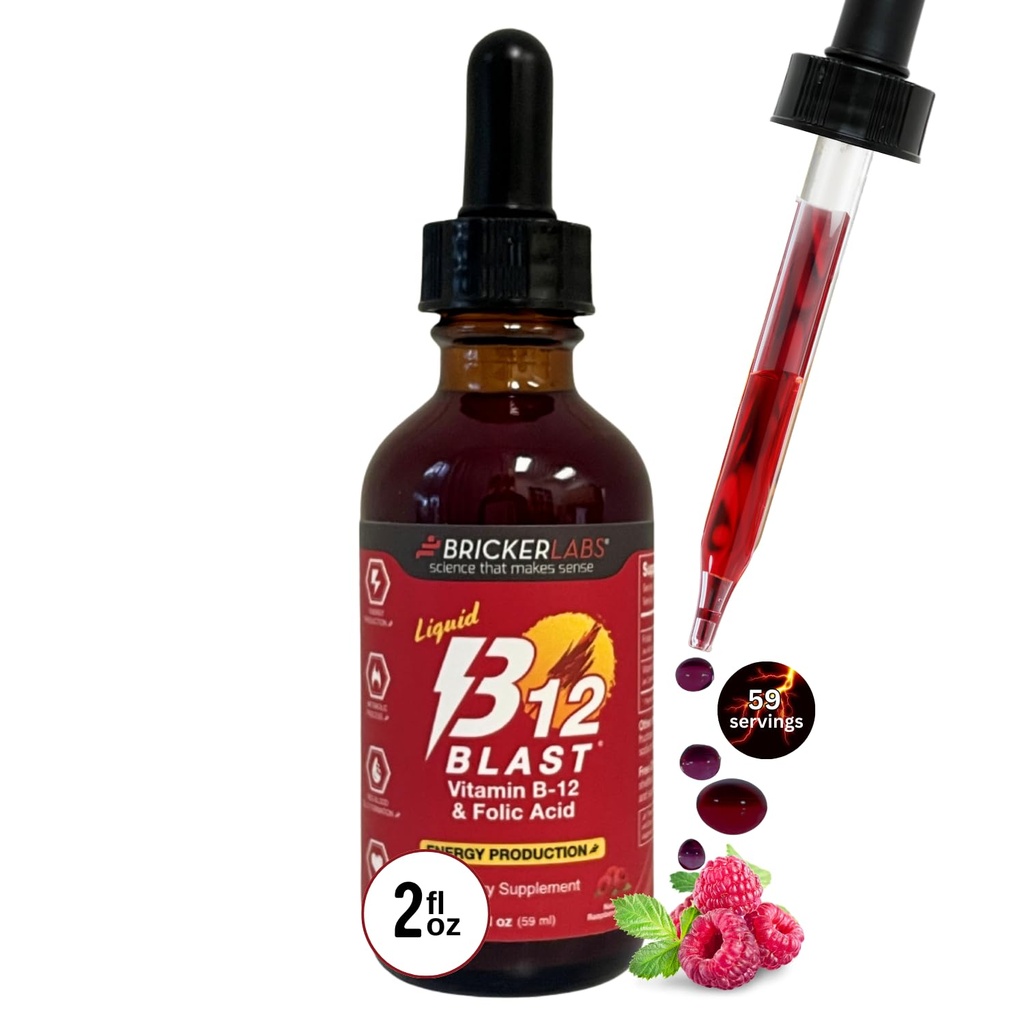 Bricker Labs B-12 Blast נוזל ויטמין B12 ו תוספי Folic Acid, תמיכה בייצור אנרגיה, גדול Tasting נוזל ויטמין B12 תוספת תזונתית טבעי Raspberry Flavor, 2 oz בקבוק