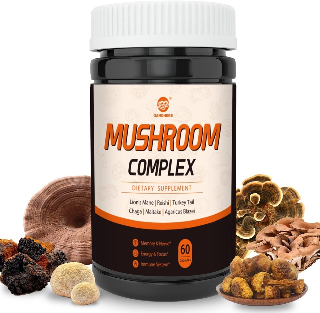 מתחם תוספי Mushroom, Lions Mane, Reishi, טורקיה Tail, Chaga, Maitake, Agaricus, 6 High Power Organic Mushroom for Energy, Focus, Memory & Imm System Support