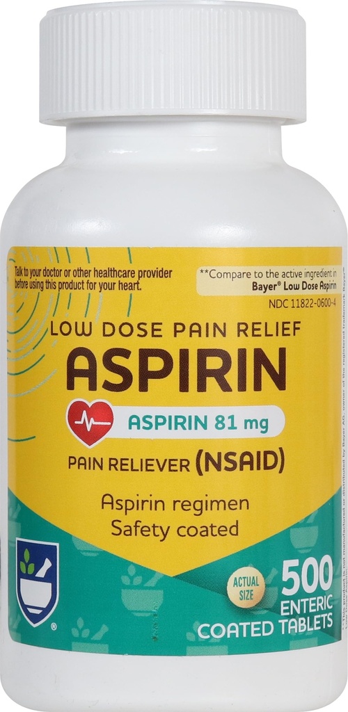Rite Aid Aspirin Enteric Tablets - 81 מ"ג Aspirin - 500 Count - Low-Dose for Headache Relief - Safety Coated - Aspirin - Migraine Medicine - Pain Relief