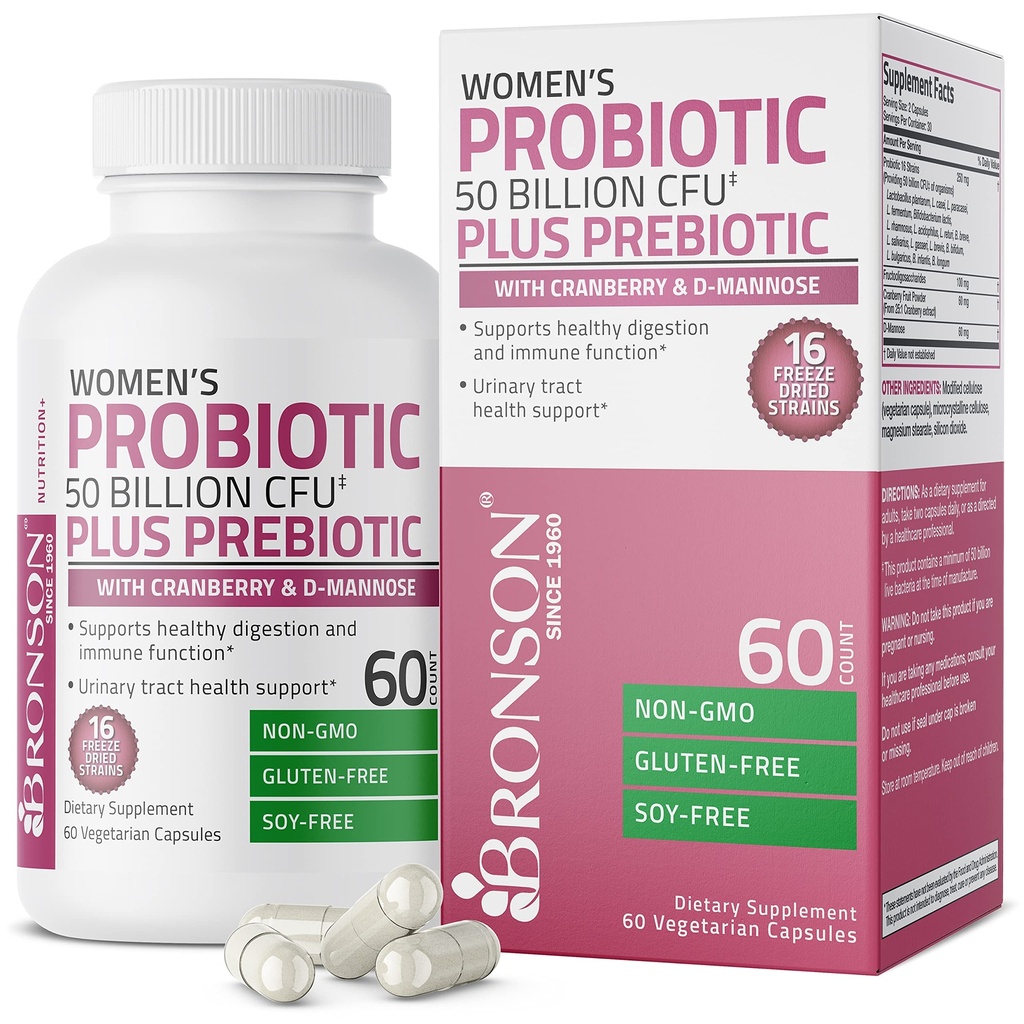 ברוונסון נשים Probiotic 50 מיליארד CFU + Prebiotic עם Cranberry & D-Mannose - בריאות ודמיונית, בריאות עיכול בריאה, Immune Function and Urinary Tract Support, Non-GMO, 60 קפסולות צמחוניות