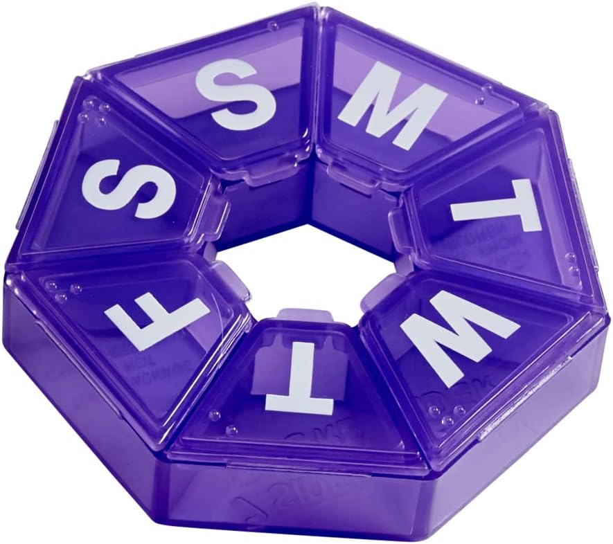 EZY DOSE Weekly Pill Organer, Medicine Box, and Vietnam Planner, Travel Pill Planner, Portable Storage, 7-Sided, Purple, BPA Free