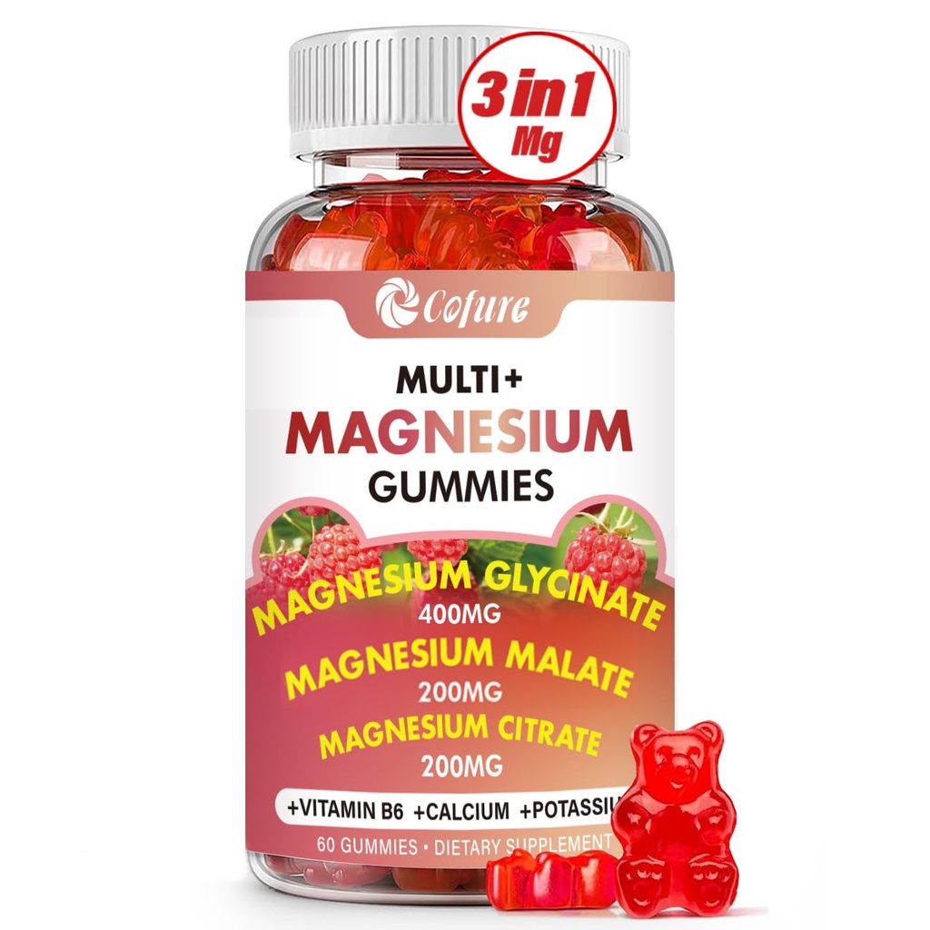 משולש Magnesium מורכב 900 מ"ג, Magnesium Glycinate, Citrate, Malate with Potassium, Calcium, ויטמין B6 עבור Calm & Sleep - טבעוני, non-GMO, Gluten Free - 60 חניכיים פטל למבוגרים
