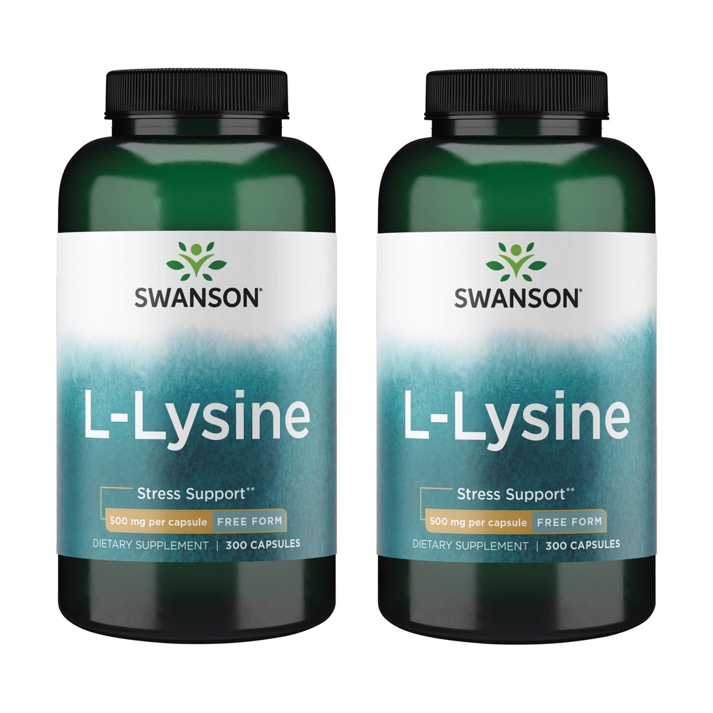 Swanson Free Form L-Lysine - תוספת טבעית לקידום תמיכה בלחץ ו- Nervous System Health - May Promote Calm Mood & Relaxation - (300 קפסולות, 500 מ"ג כל) 2 Pack