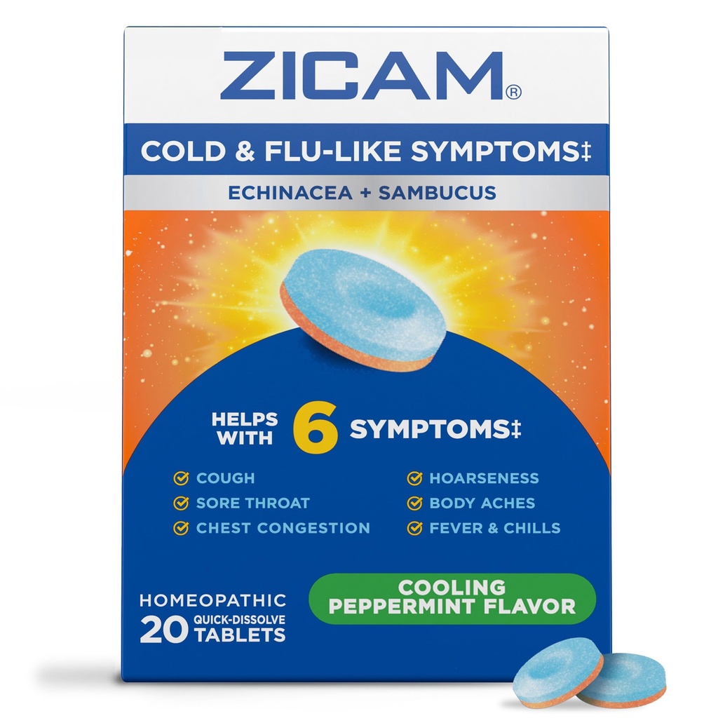 Zicam Cold & Flu-like סימפטומים עם Echinacea ו Sambucus, ההומופתי, Zinc, Cooling Peppert Flavor, מסייע עם סימפטומים קרים, 20 טבליות
