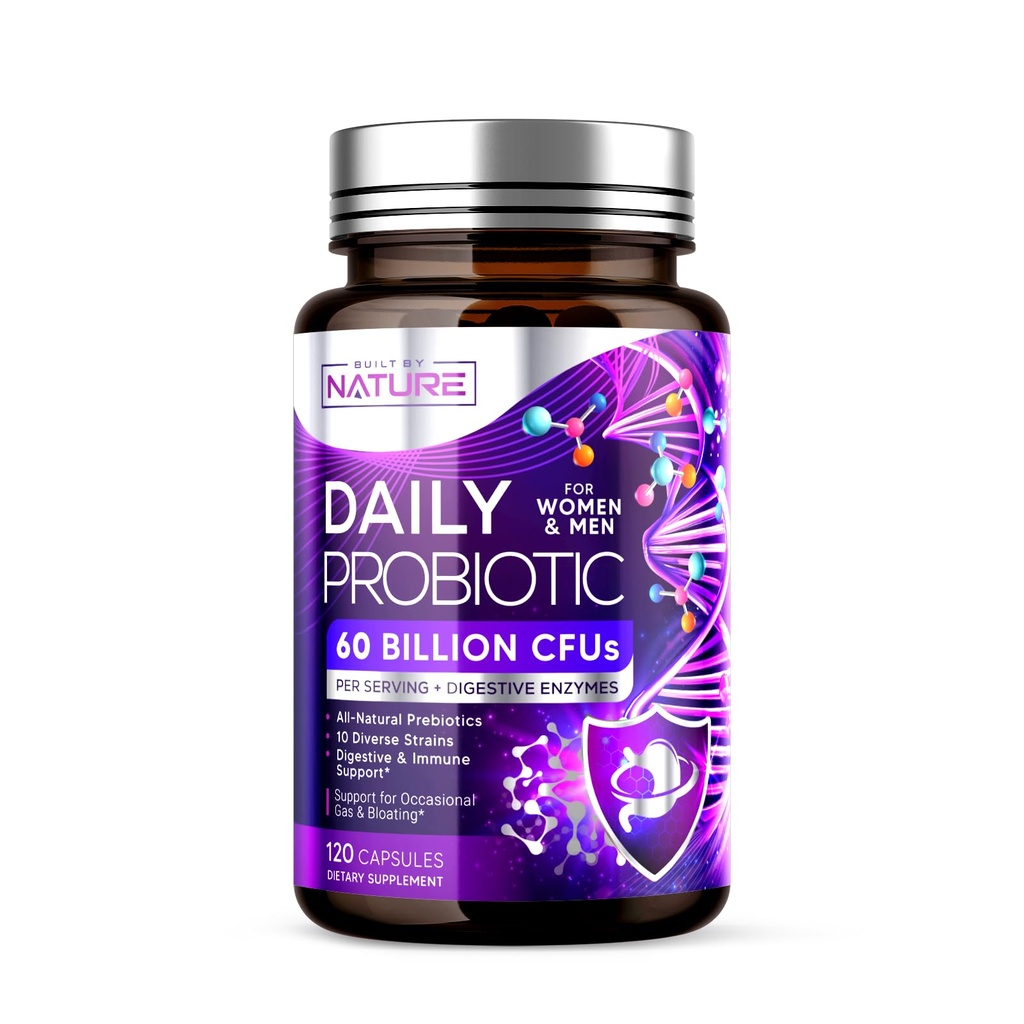 נבנה על ידי Nature Probiotic for Women & Men - 60 מיליארד CFU, 10 סטרינס + Prebiotics & Digestive Enzymes - תמיכה מזיקה, Immune, להפחית את הגז וההפצה - Shelf Stable, non-GMO - 120 קפסולות