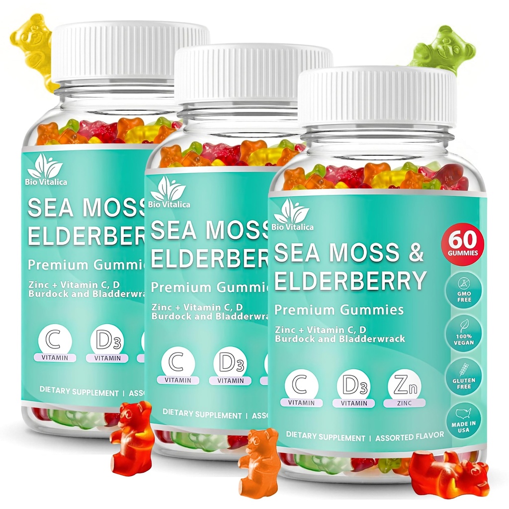 BIO VITALICA Sea Moss Gummies Elderberry BioVitalica - ויטמין C + Zinc - Irish Seamoss טבעוני עם Sea Moss Gel & אבקת עבור Immunity, Detox - למבוגרים ולילדים (3Packs)