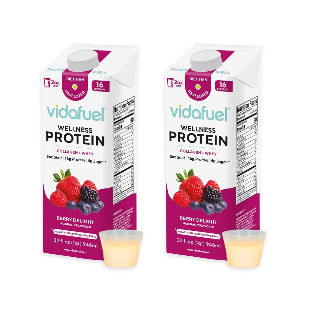 Vidaדלק משקאות חלבון, 16g חלבון לכל 2oz Shot, 32 oz Carton, 2 Pack, ברי, Collagen ו Whey Drink, No Artificial Sweeteners