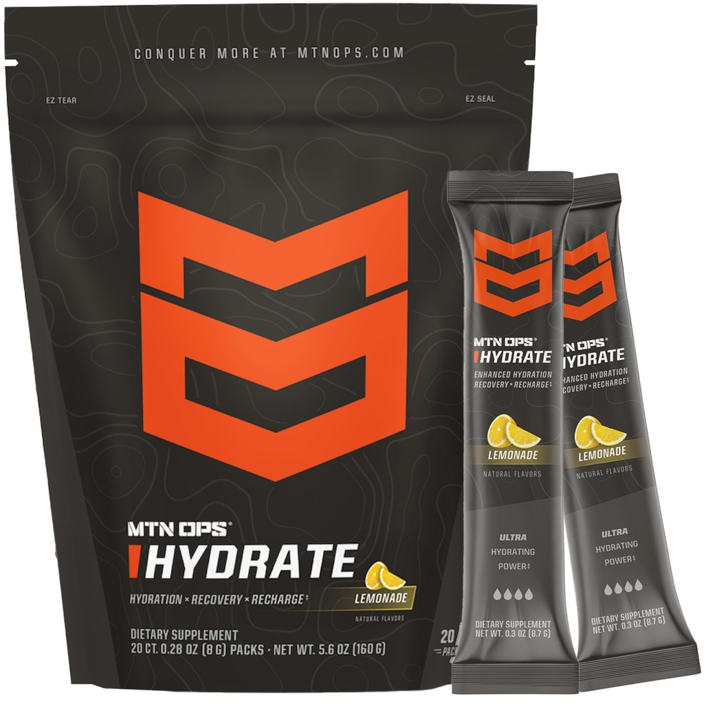 MTN OPS Hydrate Electrolytes Powder Drink Mix, 20 Single Serving On-The-Go Electrolyte Packs with Over 1000mg of Electrolytes per Serving, Lemonade