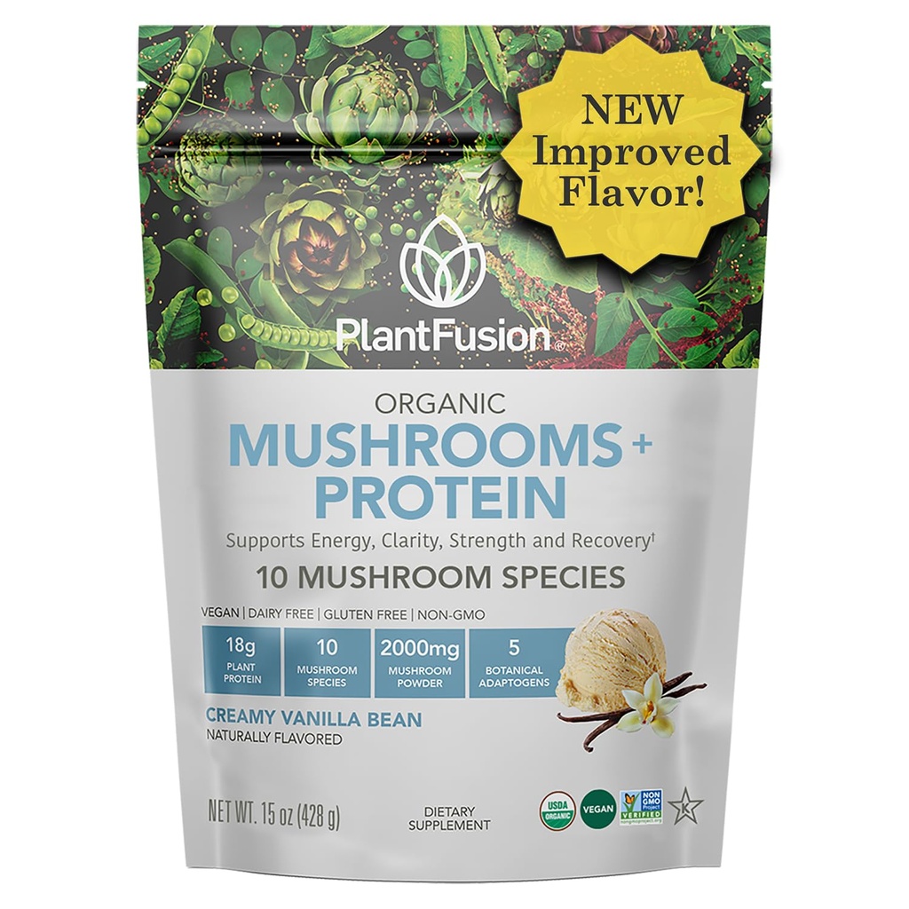 Plantfusion Mushroom אבקת חלבון - 3 ב 1 חלבון אבקה טבעונית, תוסף Mushroom, ותוסף הסתגלות - תמיכה נפשית פוקוס, חסינות ושיקום - Vanilla 1lb