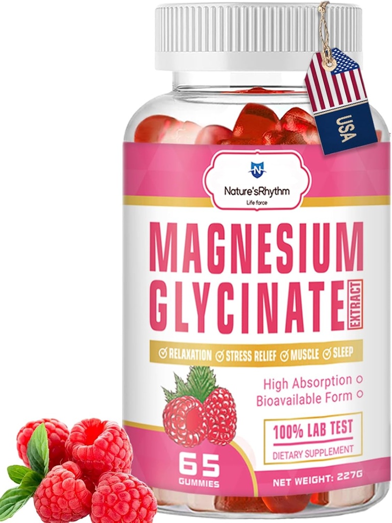 Nature's Rhythm Magnesium Gummies 500 מ"ג - 65 Ct | Magnesium Glycinate תוספי מזון להרגעה, הקלה בלחץ, ושינה עבור מבוגרים וילדים טאסטי ו- Tangy Raspberry Flavor
