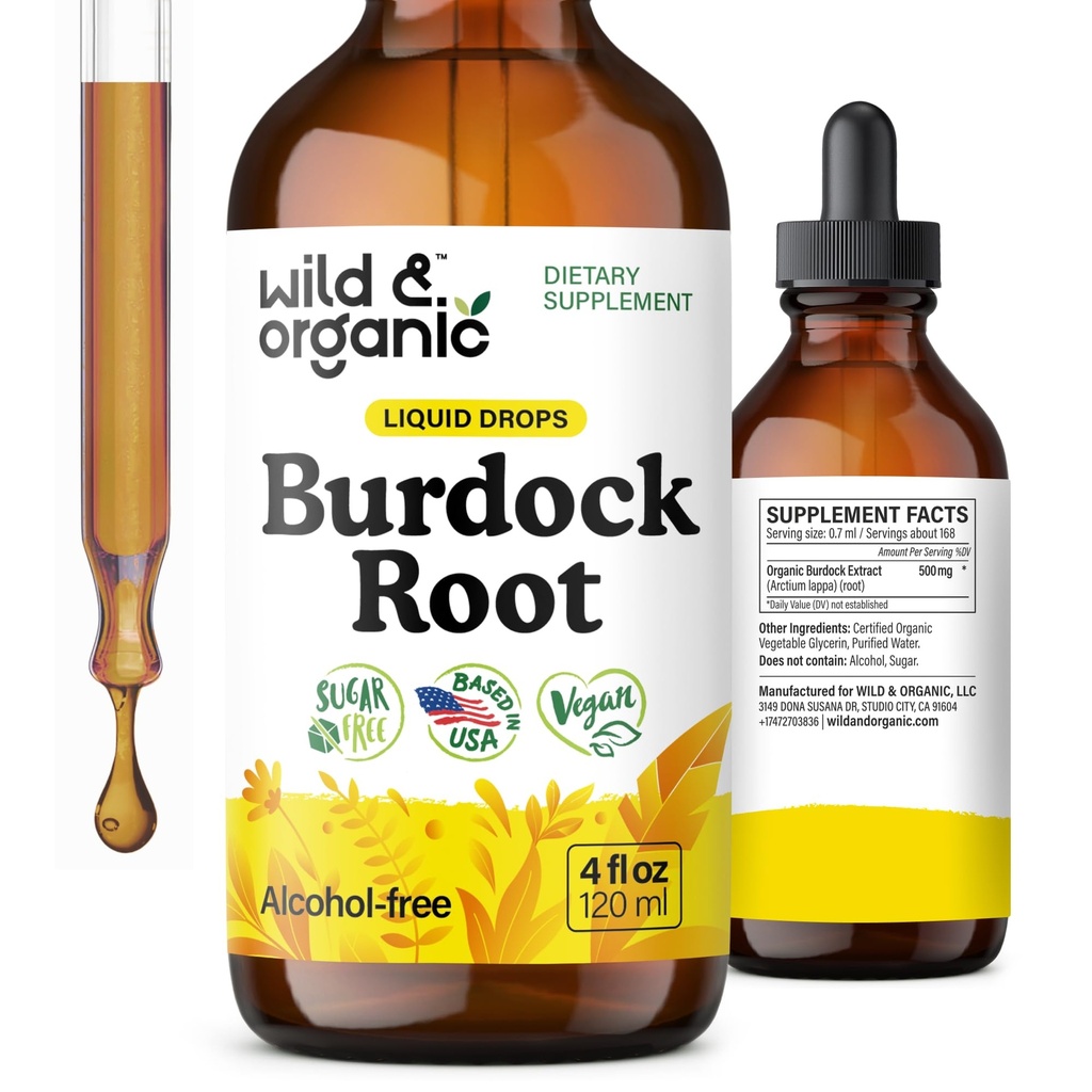 Wild & Organic Burdock Root Tincture - תוספת נוזלית עבור Antioxidant, Detox, עיכול תמיכה - Burdock Root Herb טיפות - טבעוני, סוכר ואלכוהול חינם - 4 oz