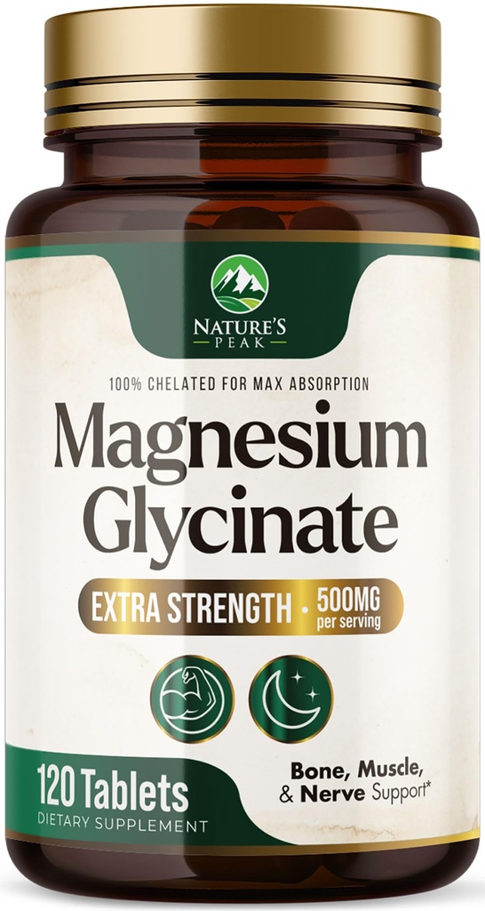 Magnesium Glycinate 500mg Per Serving - Chelated Magnesium Supplement for High Absorption Supplement - Muscle, Bone & Heart Health Support - Easy on Stomach Non-GMO Vegan, USA Bottled - 120 Tablets