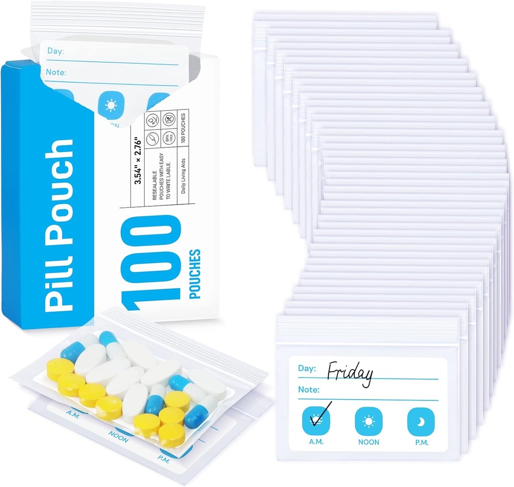 ZIKEE Pill Bags for Travel, Reusable Pill Pouches BPA חינם 2.75" x 3.54, "Daily Medicine Bags with XL Capacity for 24 Fish Oils, ויטמין ארגן עם שטח כתיבה מותאם אישית (100 הרוזן)