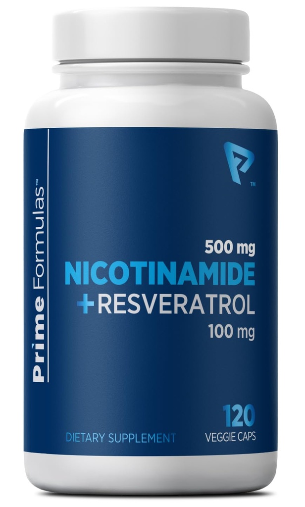 Nicotinamide 500 מ"ג עם Resveratrol 100 מ"ג 120 קפסולות Veggie - non-GMO ויטמין B3, תומך Metabolic Health, NAD+, Skin Cell & Mitochondrial Energy הפקה. מיוצר בארה"ב לגברים ונשים