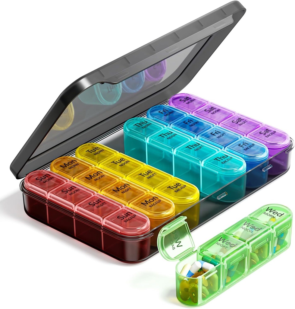 Odaro Weekly Pill מארגנת 4 פעמים ביום, BPA Free Daily Pill Box 7 Day, Big Travel Pill Case עם 28 השוואתיות ל-Hold Medicine, ויטמין ותוספים