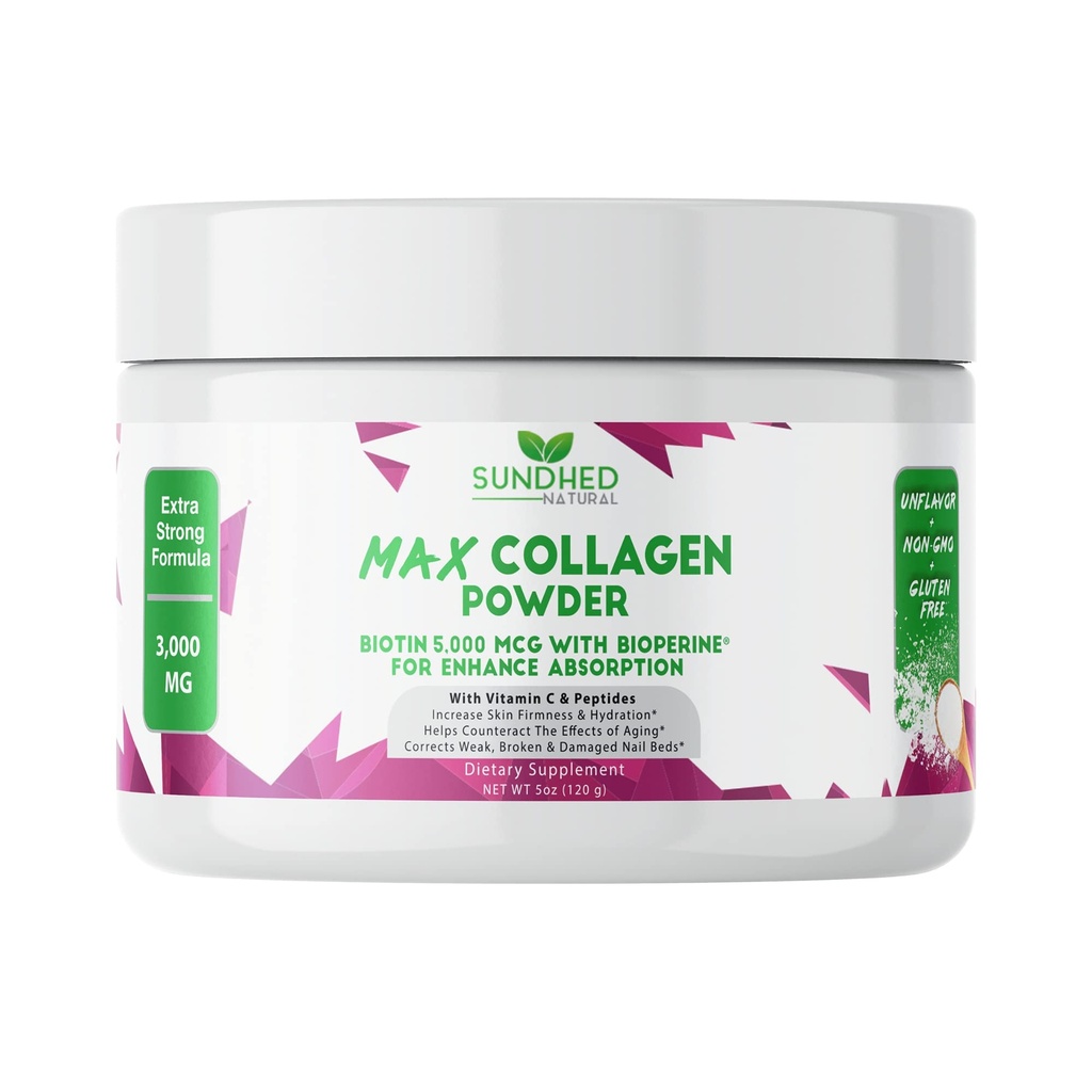 Max Collagen Plus C (30 יום אספקה) - כל אבקת קולאז'ן טבעי עם ביוטין ו Bioperine כדי להגביר את ה- Anti Aging hydrotion & Skin Firmness - 500 מ"ג ויטמין C - חיזוק עצמות וציפורים