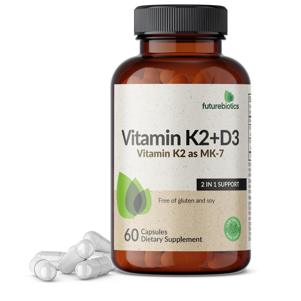 ויטמין K2 (MK7) עם תוסף D3 - Non-GMO פורמולה - 5000 IU ויטמין D3 & 90 mcg ויטמין K2 MK-7, 60 קפסולות צמחוניות