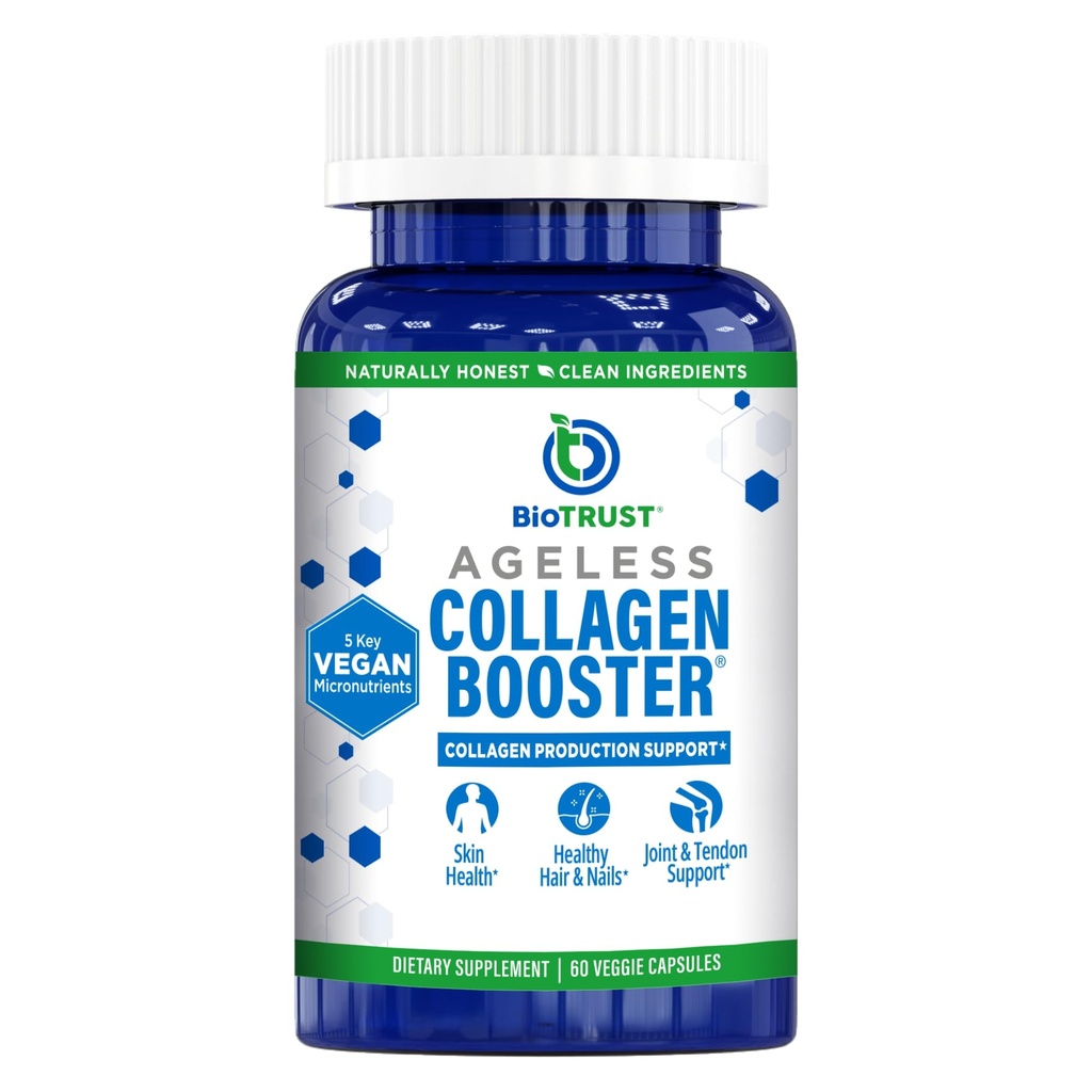 BioTrust Ageless Collagen Booster, Powerly Support Beauty from Within, טבעוני קולג'ן בונה עבור Glowing Skin, שיער מדהים, ריחות יפים, מפרקים בריאים, 60 קפסולות (30 משרתים)