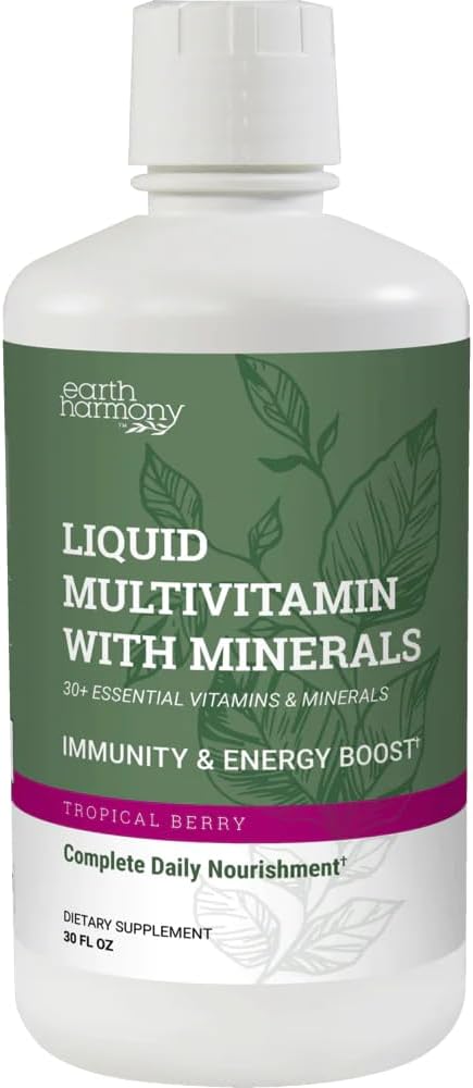 כדור הארץ הרמוני נוזלי Multivitamins עבור נשים וגברים (Tropical Berry Flavor) - 30 + ויטמינים נוזליים, מינרלים & אורגני Antioxidant בלגן - בוקר Multivitamin for Immune Support and Energy - 32 Fl Oz