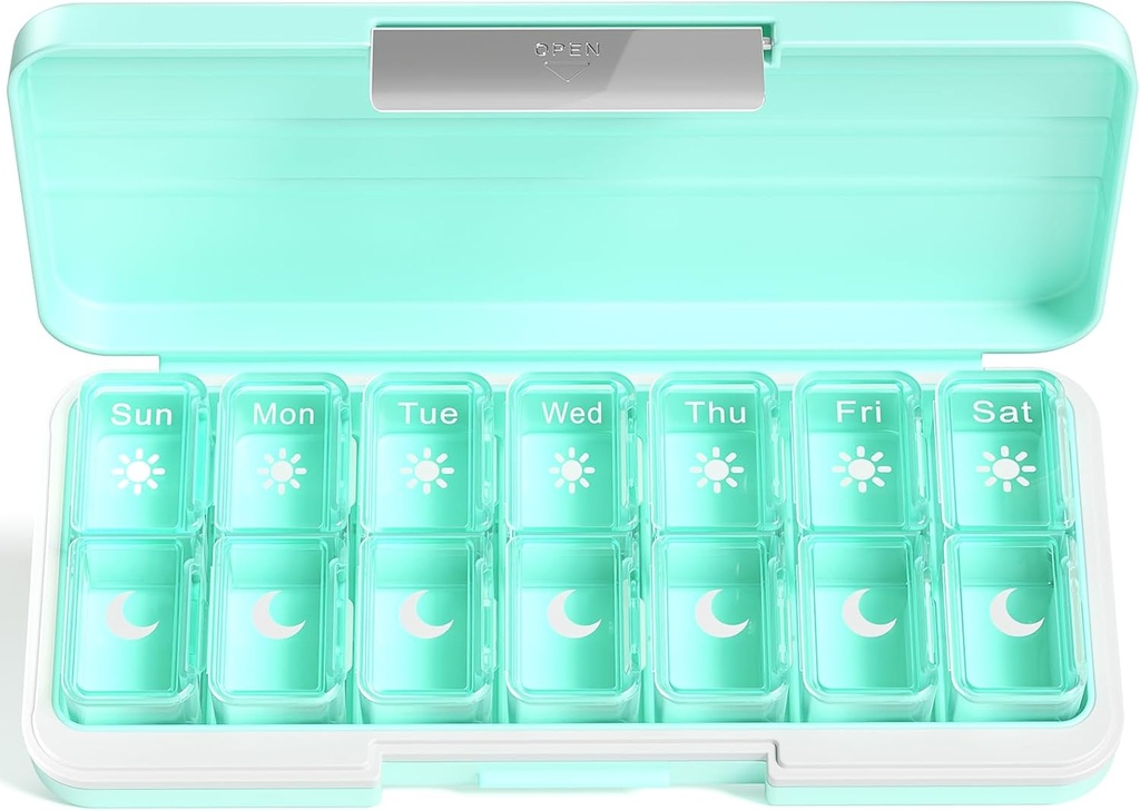Zoksi Am Pm Pill מארגנת 7 יום, כדור שבועי Box 2 פעמים ביום, מארגנת גלולות תרופות עם השוואתיות נפרדת, טיולי גלולת מקרה Dispenser עבור ויטמינים, שמן דגים, תרופות (Green)