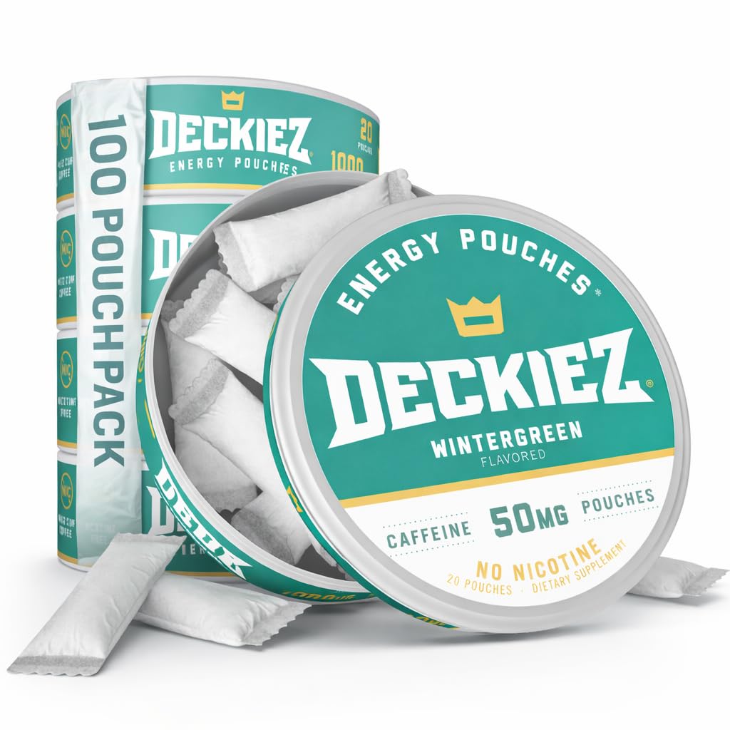 Deckiez Energy Pouches, 5 Cans (100 Pouches), תוסף סוכר חינם קפאין, קפה Pouches & אנרגיה לשתות אלטרנטיבי, 50 מ"ג Caffeine Pouches, Wintergreen Flavor
