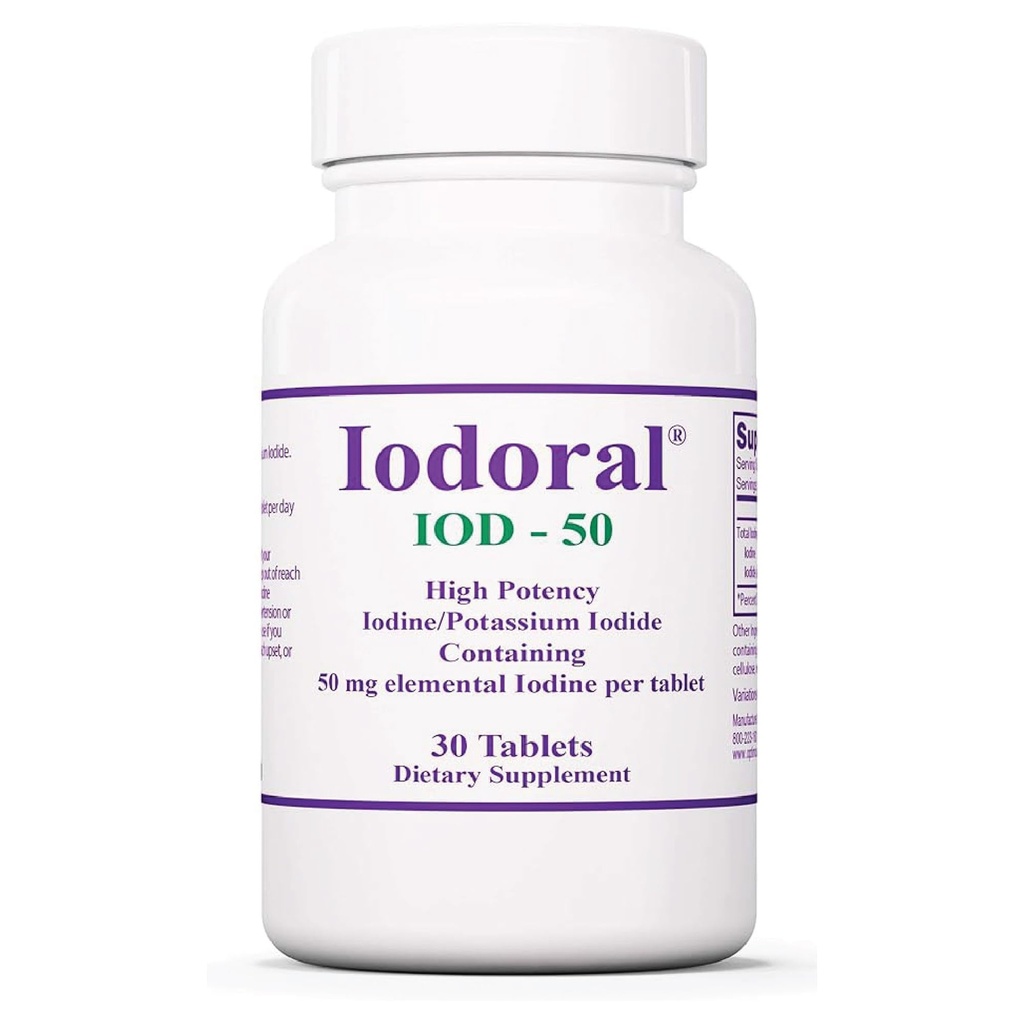 Optimox Iodoral 50 מ"ג תוסף - טבליות Potassium Iodide, התמיכה Thyroid, ויטמינים יומיים מינרלים, פתרון Iodine של Lugol - 30 Count.