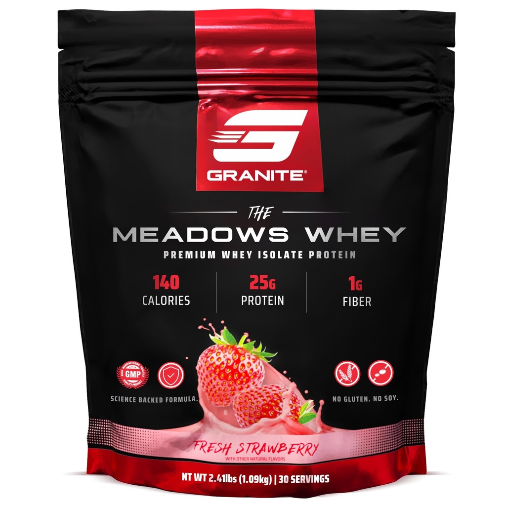 תוספי גרניט The Meadows Whey חלבון Isolate אבקת חלבון עבור שריר Lean עם 150 קלוריות, 2g סיבים, 1g סוכר (30 משרתים), Fresh Strawberry Flavor