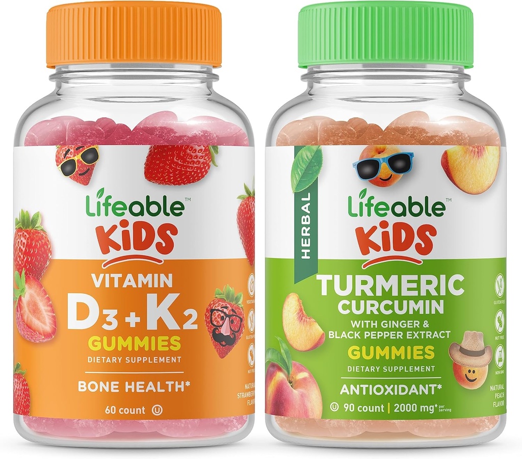 ויטמין D3 + ויטמין K2 ילדים + Turmeric Curcumin ילדים, חניכיים Bundle - גדול Tasting, ויטמין תוסף, Gluten חינם, GMO חינם, Chewable Gummymymymy