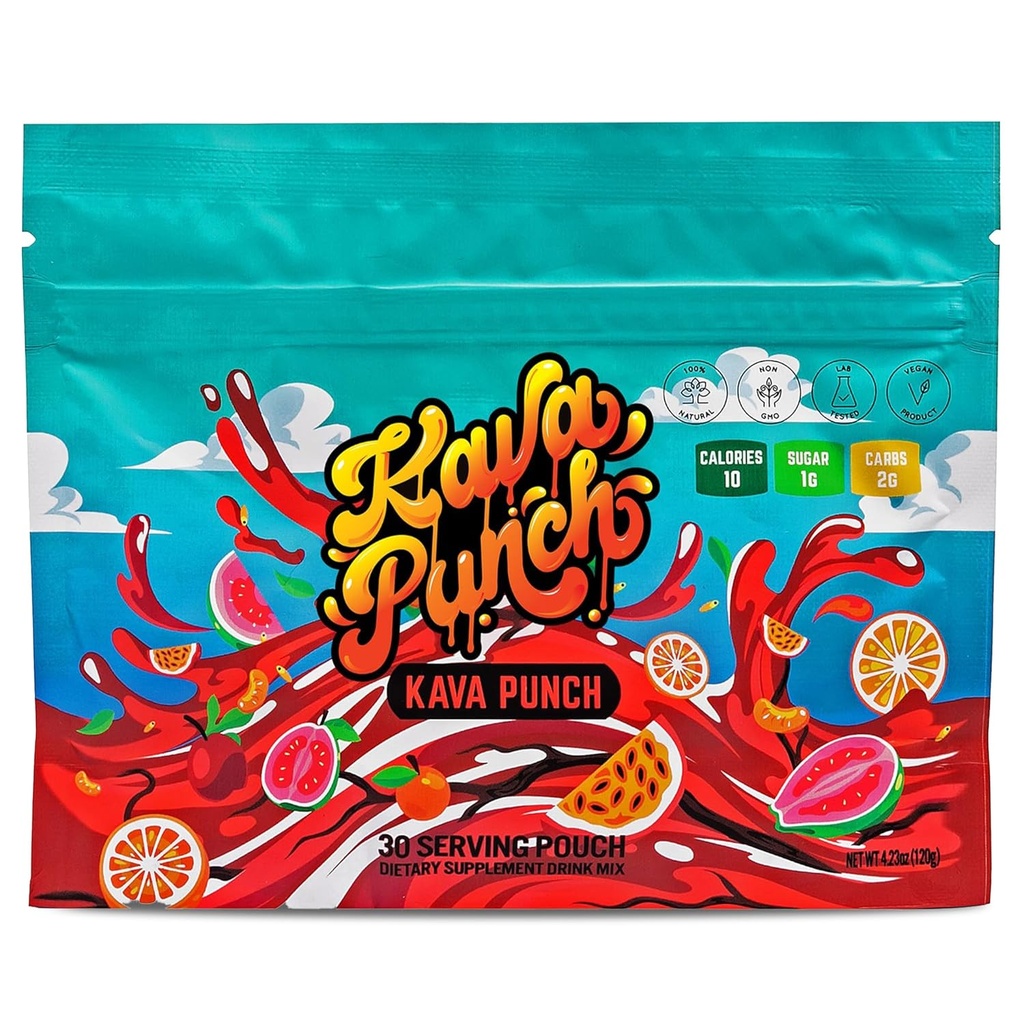 Kava Punch מרגיע אבקה - 30 לשרת Pouch עם Premium Kava Kava לחלץ | תוספת יומית להקלת מתח | Non-Alco Catholic, Low-Calorie, משקה בריא לערבב | אלכוהול אלטרנטיבי Beverage עם Buzz