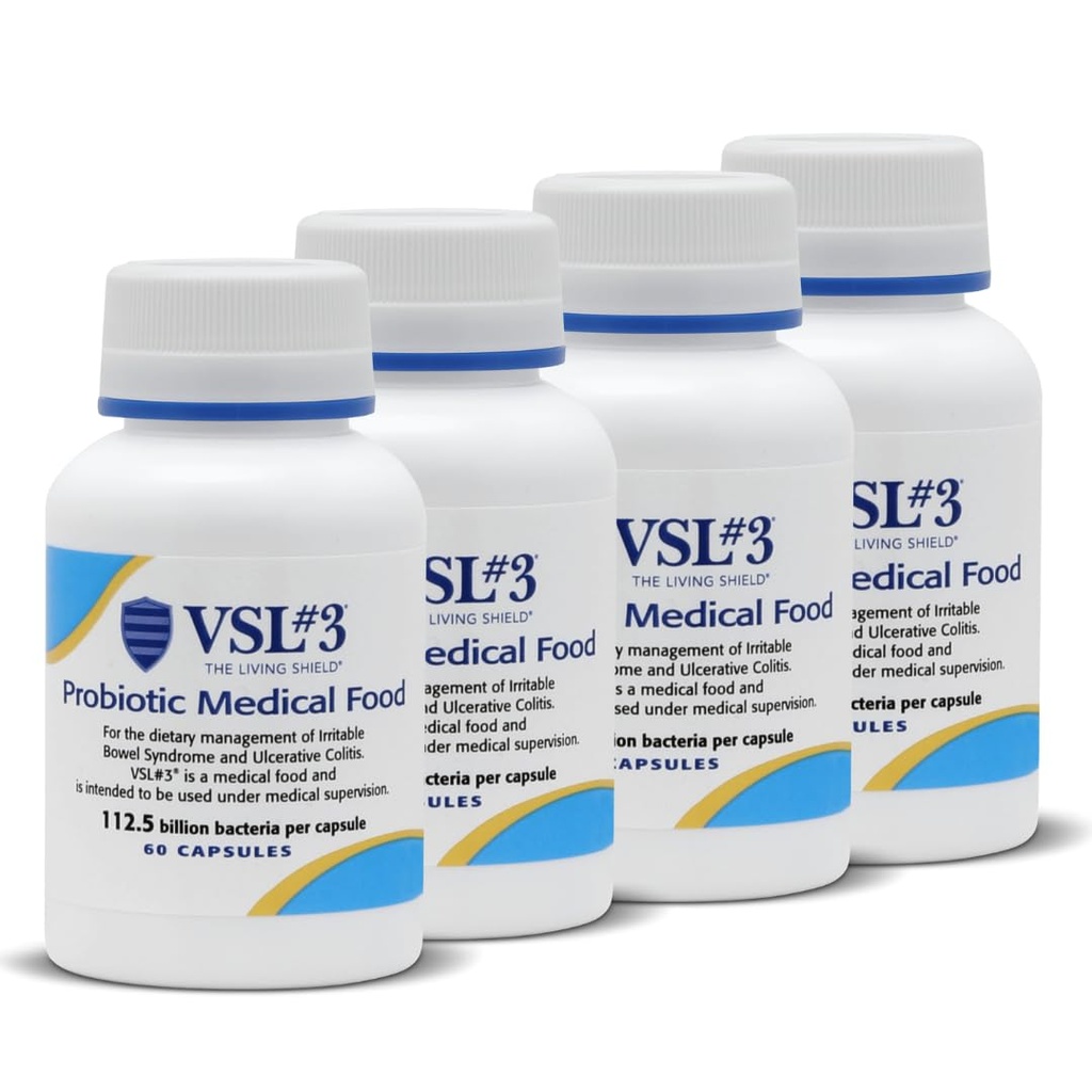 VSL #3 Probiotics for Digestive Health, IBS & UC סימפטומים - 112.5B CFUs, High-Potency, Multi-Strain, Live, Refrigerated Probiotic, Medical Food for Gut Health Support in Men & Women, 240 קפסולות