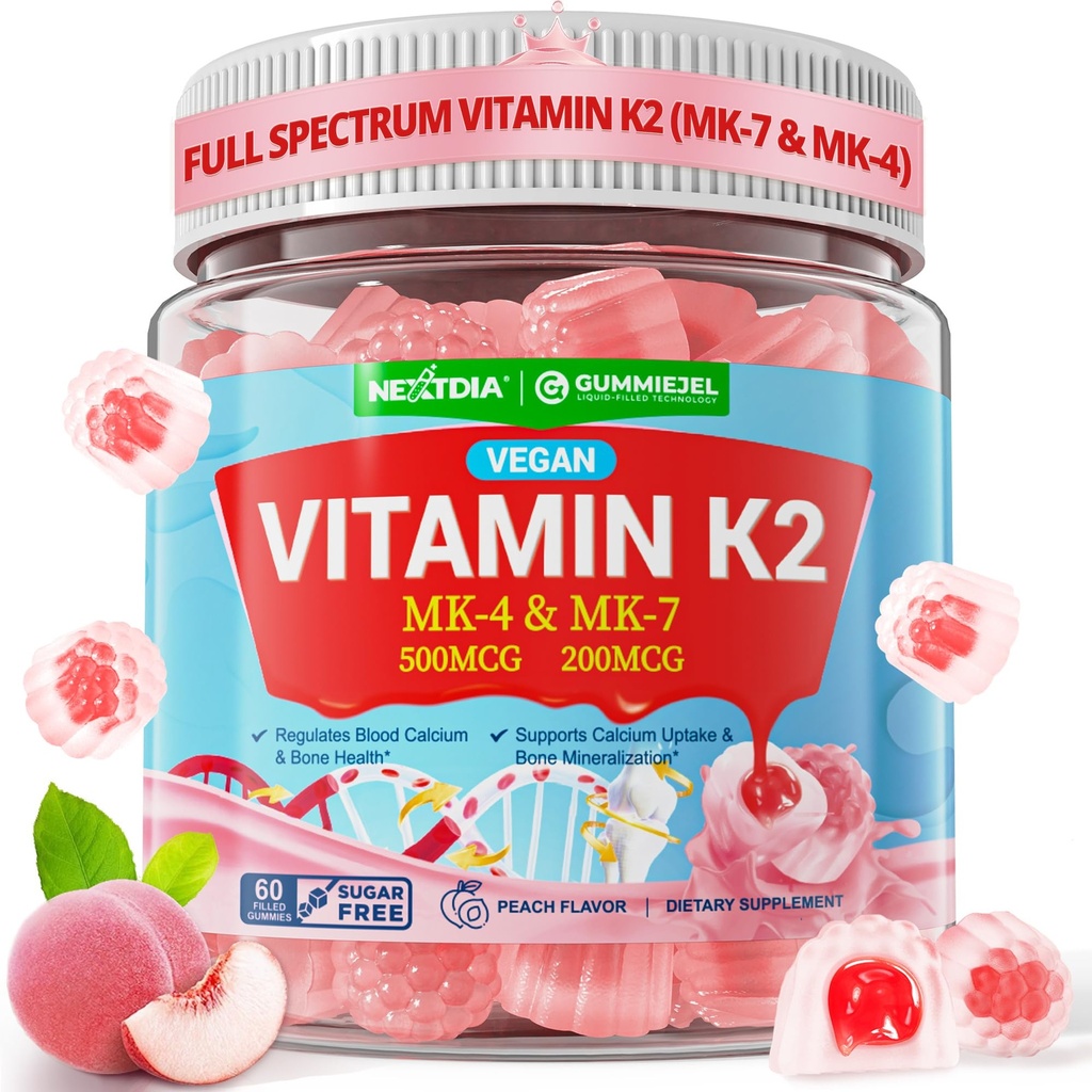 ויטמין K2 חניכיים MK-7 200 mcg & MK-4 500 mcg לנשים & גברים סוכר חינם, מושלם 2-IN-1 מלא Spectrum ויטמין K2 עבור העצם, He-art, מקדם Calcium Absorption, המוח, השיניים, Immune, 1Pack