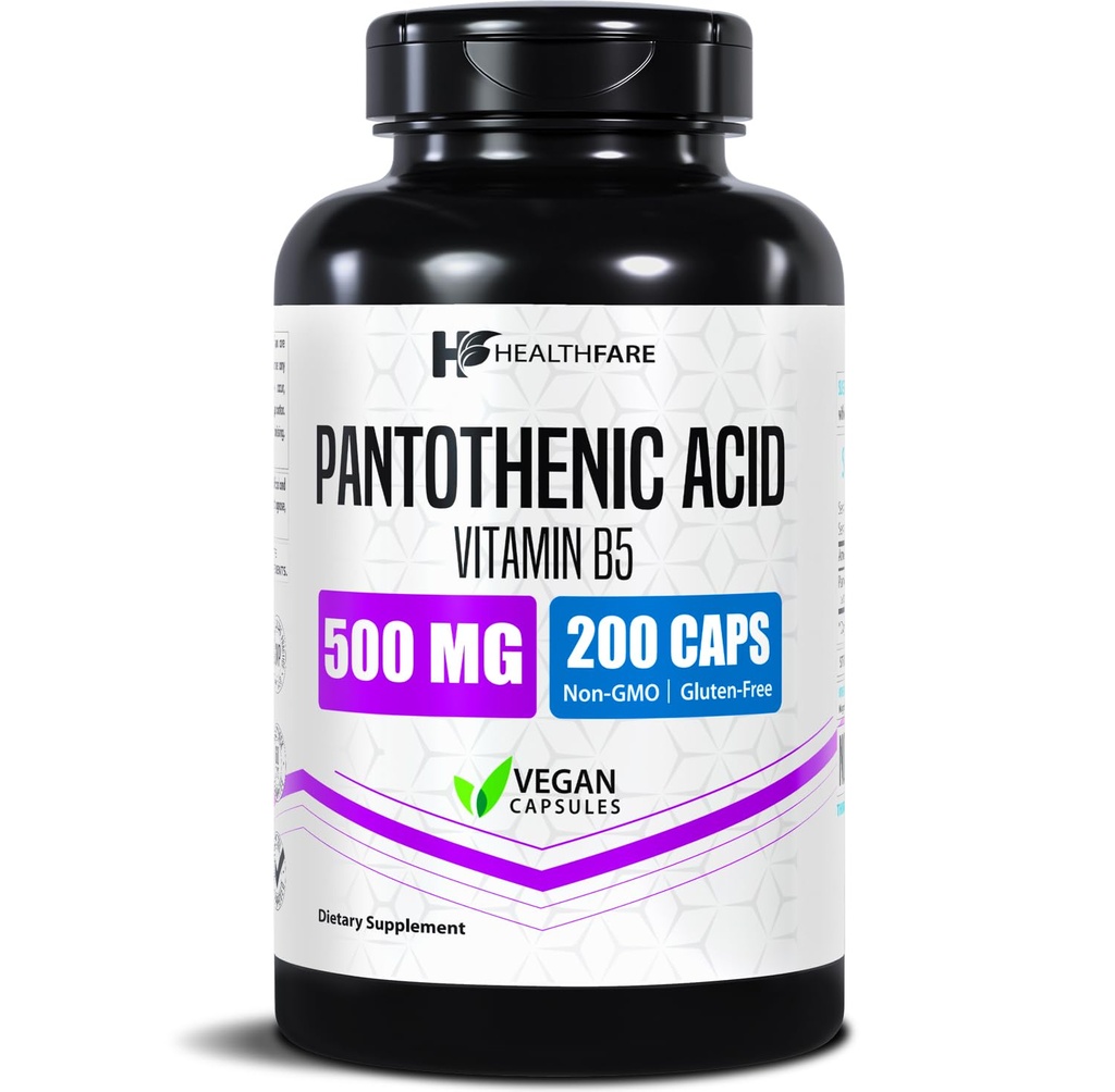 Healthfare Pantothenic Acid 500 מ"ג ויטמין B5 | 200 קפסולות טבעוניות | תוספת אנרגיה ומטבוליזם תמיכה | Non-GMO, Gluten-Free | Made in USA