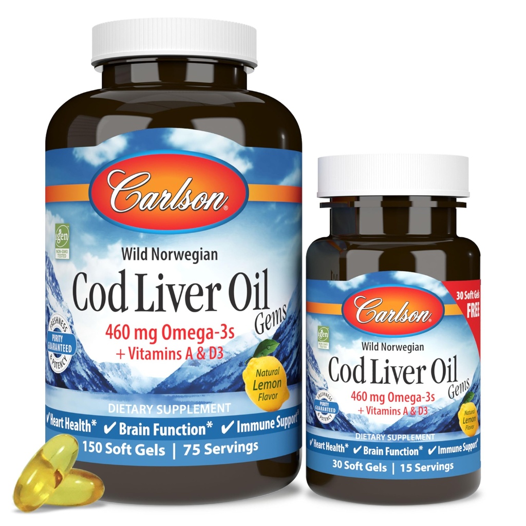 קרלסון - Cod Liver Oil Gems, 460 מ"ג אומגה 3s, Plus ויטמינים A ו- D3, Wildתפס את נורוויג'ן הארקטי Cod, Sustainably Sourced Nordic Fish שמן קפסולות, לימון, 150 + 30 Softgels A ו- D3, Wildתפס את נורוויג'ר הארקטי Cod, Sustainly Sourced