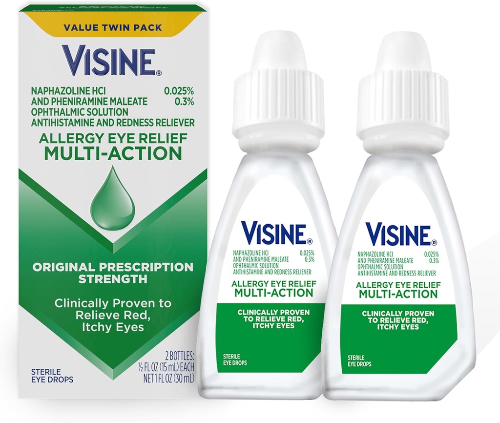 Visine Allergy Eye הקלה Multi-Action Antihistamine & Redness Reliever Eye טיפות עם Pheniramine זכרate & Naphazoline HCl, Eye Drop Treatment for Red, Itchy, Allergy Eyes, 0.5 fl. oz, 2 Packiramine זכרate & Naphazoline HCl, Eye Drop Treatment for Red, Allergy Eyes, 0.5 fl. oz, 2 Pack.