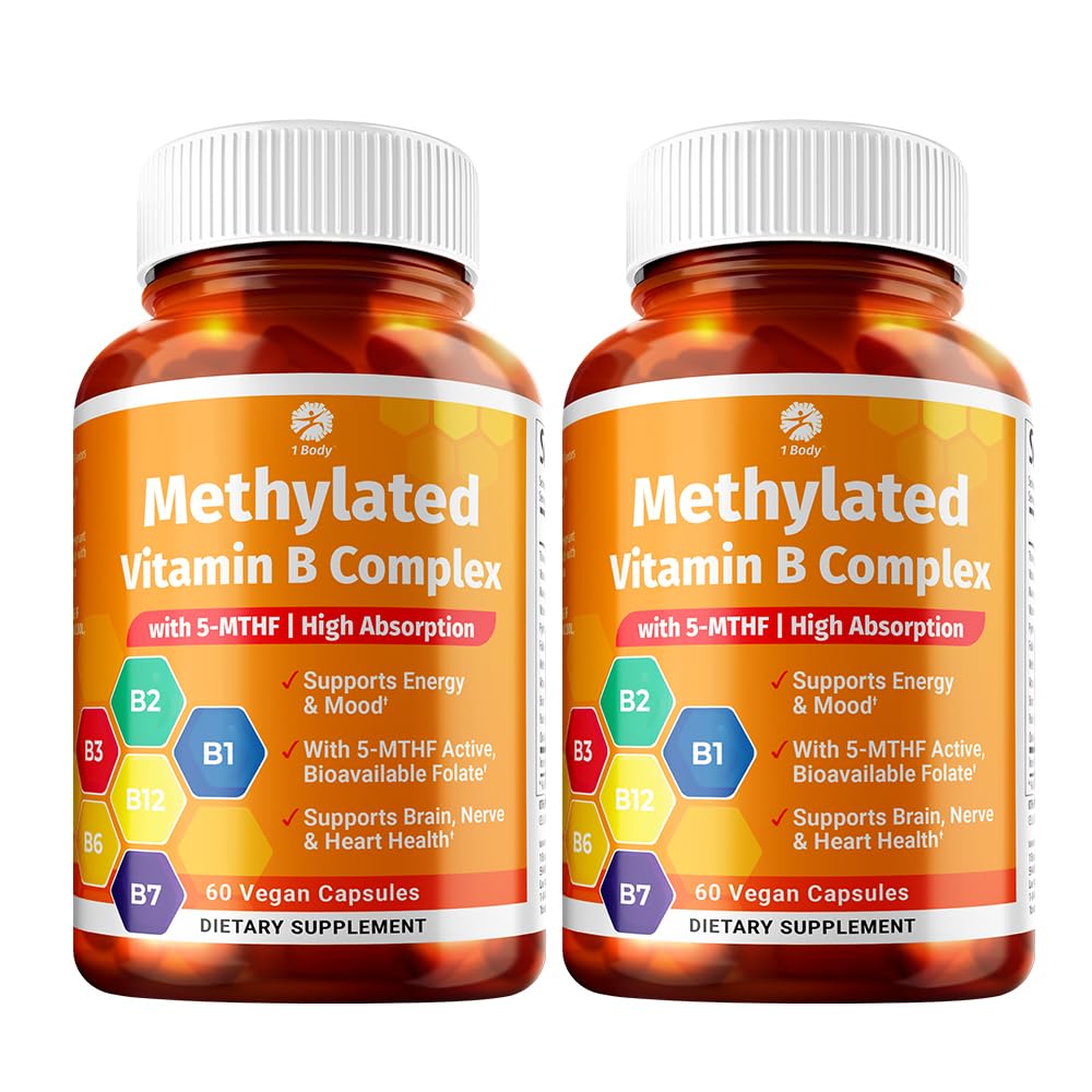1 ויטמין גוף B Complex Twin Pack - 5-MTHF Folate עם B1, B2, B5, B6, Methyl B12, Niacin, Biotin - 60 קפסולות כל אחת
