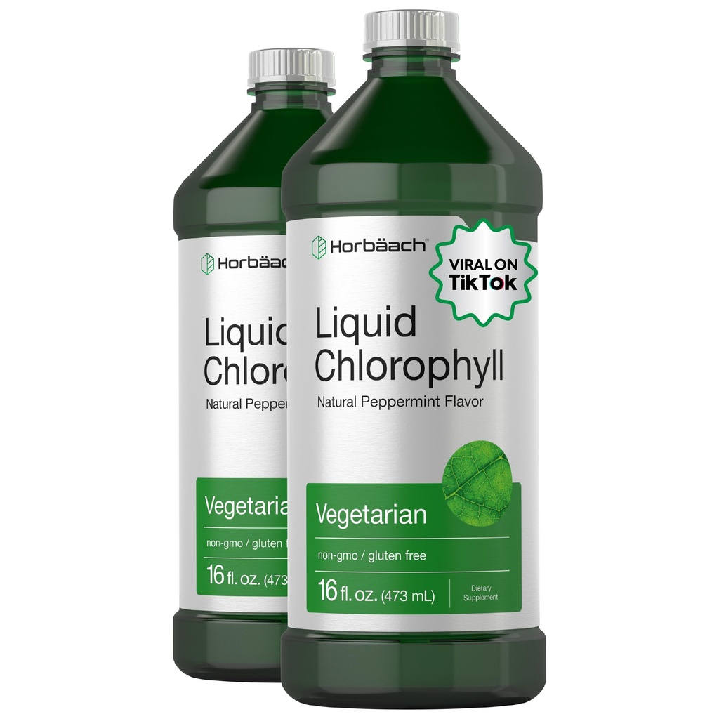 Horbäach Chlorophyll נוזל טיפות | 100 מ"ג | 32 oz (2 x 16 oz בקבוקים) | Natural Peppert Flavor | Vegetarian, non-GMO, Gluten Free Supplement