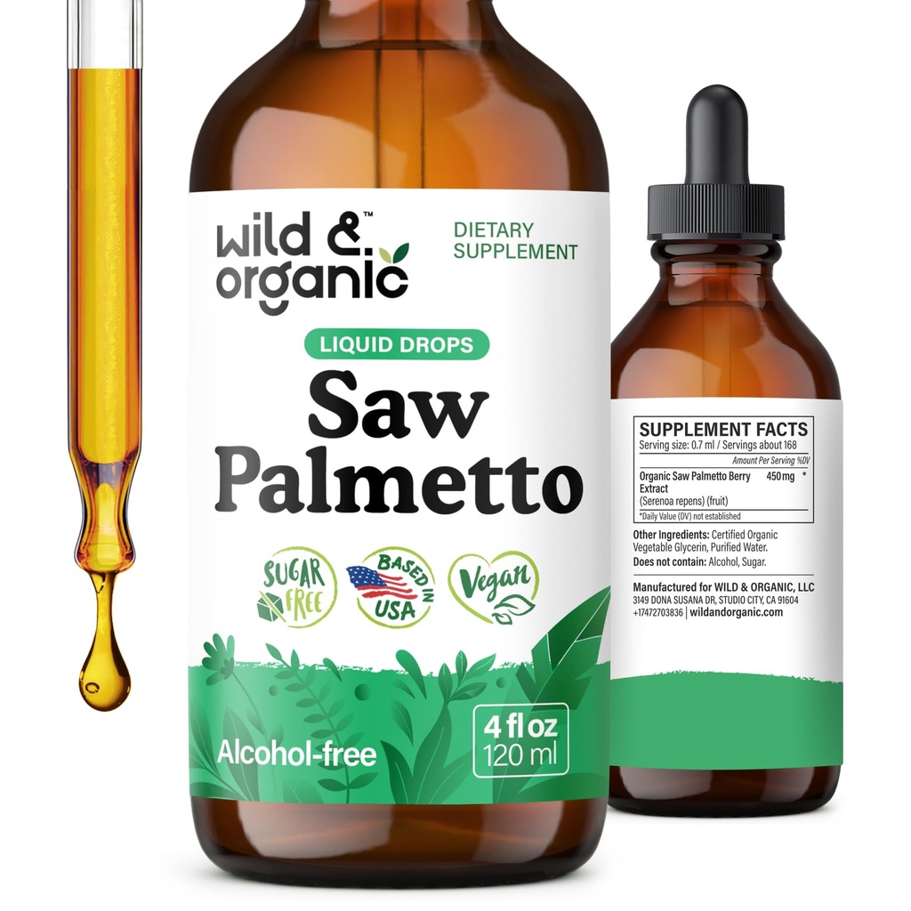 Wild & Organic Saw Palmetto Tincture - Saw Palmetto לחלץ תוספת לגברים ונשים - אבקת נוזלית המבוססת על טיפות - Serenoa Repens Berries - טבעוני, סוכר ואלכוהול חינם - 4 oz