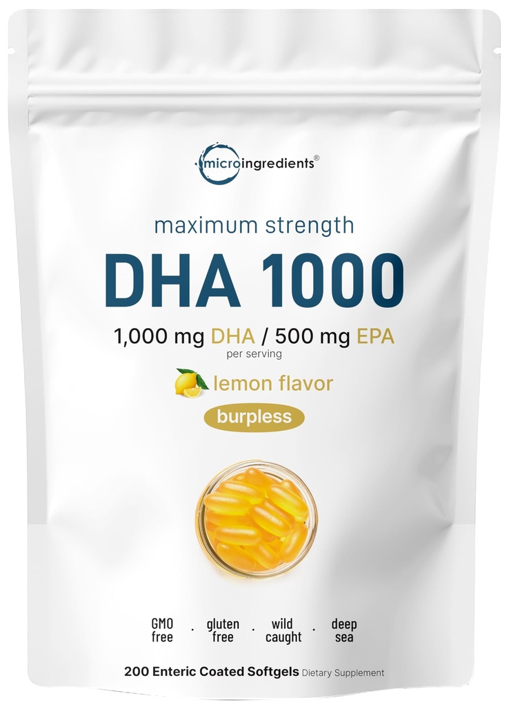 אומגה 3 שמן דגים DHA תוספת 1000 מ"ג עם EPA 500 מ"ג, 200 Softgels - Lemon Flavored, Burpless (Enteric Coated)