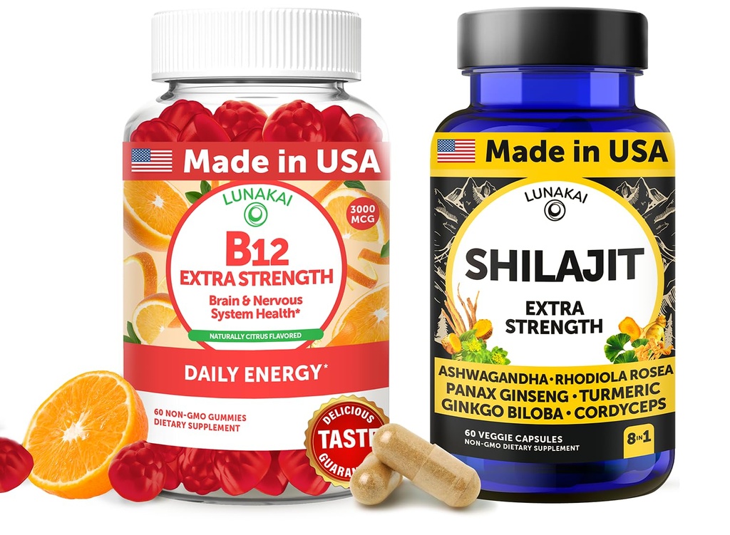 לונהקאי ארה"ב עשתה B12 חניכיים & Shilajit קפסולות בונדלה - תוספת כוח יומית אנרגיה ותמיכה בריאות