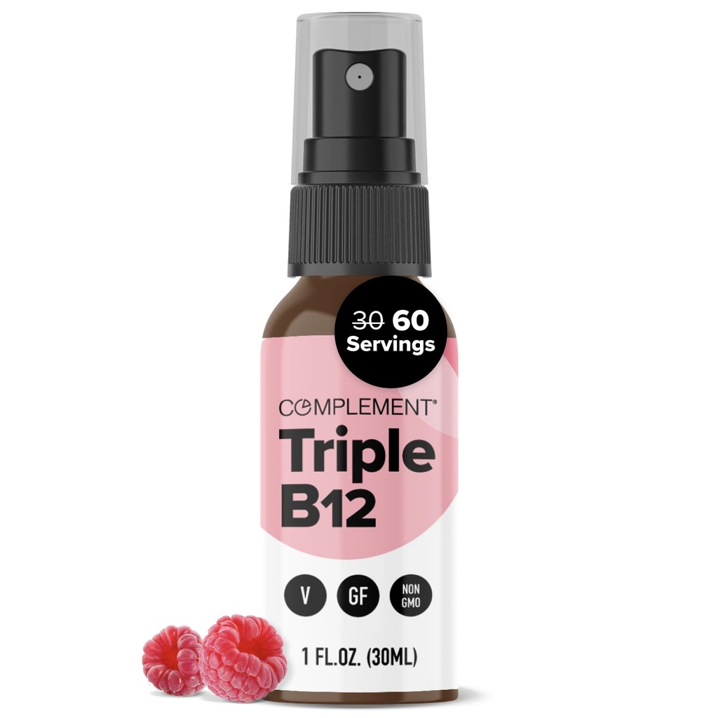 השלמת ויטמין טבעוני משולש B12 נוזל Spray- 1500 mcg בלנדר (60 משרתים) Raspberry Flavor- Enhanced Absor- Enhanced Absorption, Energy, Mood, מערכת העצבים, פונקציונליות קוגניטיבית לילדים ומבוגרים