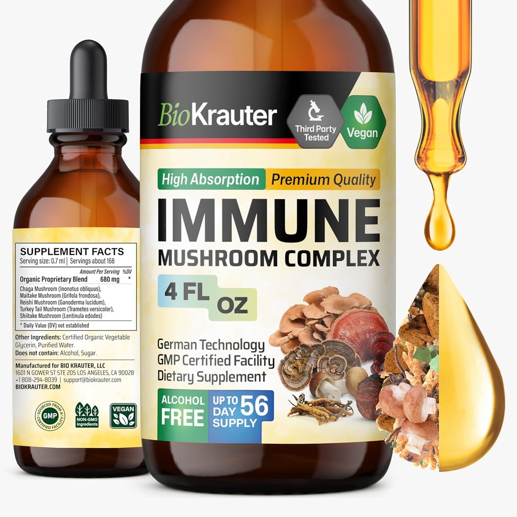 BIO KRAUTER Immune Support Mushroom תוסף - Lions Mane, Shiitake, טורקיה Tail, Reishi, Chaga & Maitake נוזל לחלץ - Mushroom Complex Tincture - טיפות טבעוניות 4 Fl.Oz.
