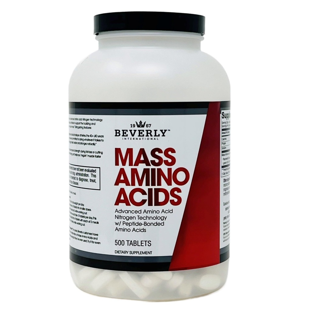בוורלי International Mass Amino Acids, 500 Tabs. השתמש ב-Pre-Post Workout, עם Meals, חיוני לשיקום שרירים ותיקון. פרופיל Amino Acid