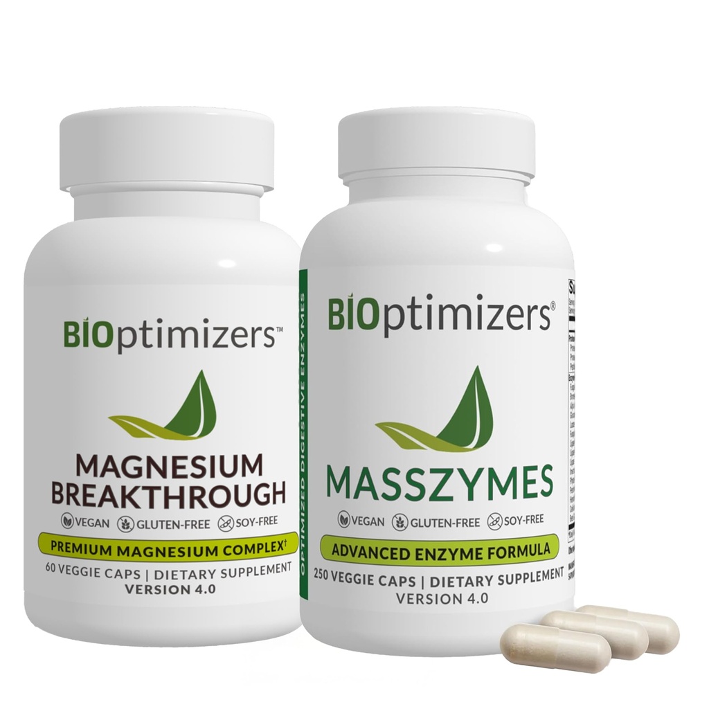 BiOptimizers Magnesium Break Through 4.0, (60 קפסולות) & MassZymes 4.0, (250 קפסולות) - שינה טבעית, מוח, ותמיכה בבריאות העיכול